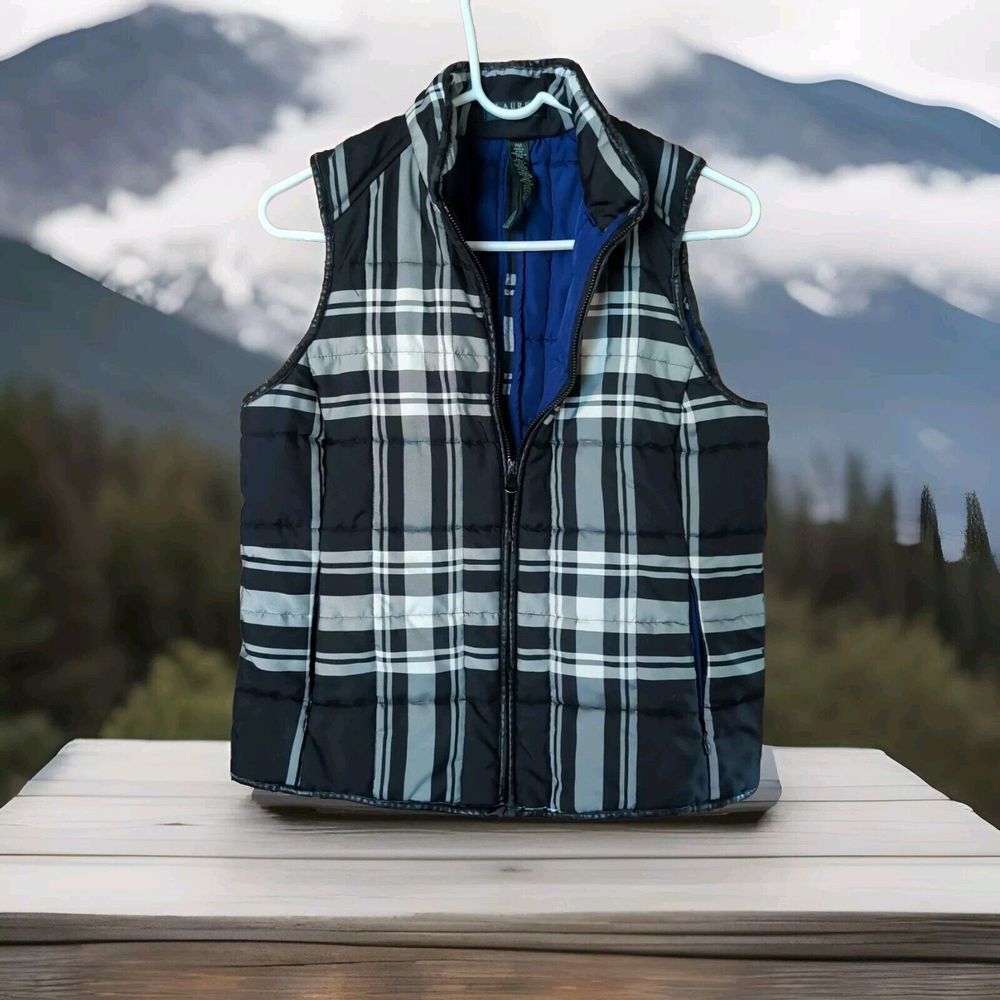 Lauren  Ralph Lauren Black/White Plaid Polyester Vest -Royal Blue Inside Size PM
